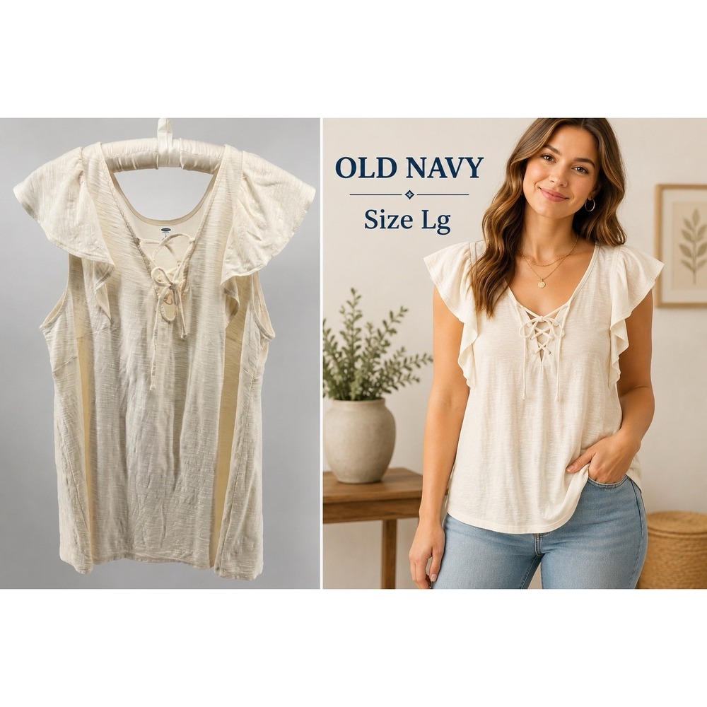 Old Navy Women's Ivory Lace-Up Flutter Sleeve Top Size L 100% Cotton Summer